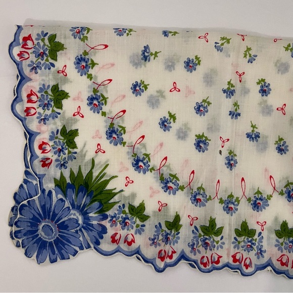 Vintage Floral Handkerchief Blue Flowers Cottagecore Decor Hanky 13” - Picture 2 of 7